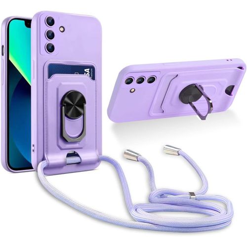Cordon De Coque Compatible Avec Samsung Galaxy A24 4g,[Bequille 360'rotatif] [Fentes Pour Cartes] Antichoc Reglable Lanyard Silicone Case - Pourpre