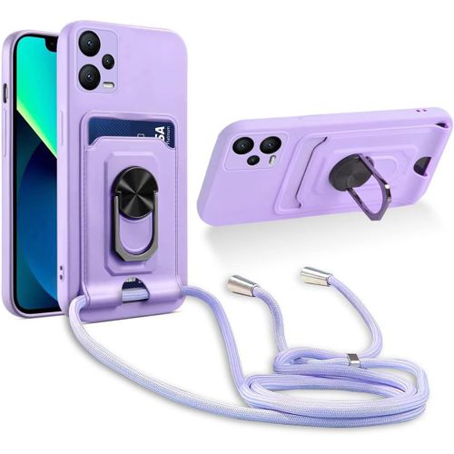 Cordon De Coque Compatible Avec Xiaomi Poco X5 5g/Redmi Note 12 5g,[Bequille 360'rotatif] [Fentes Pour Cartes] Antichoc Reglable Lanyard Silicone Case - Pourpre