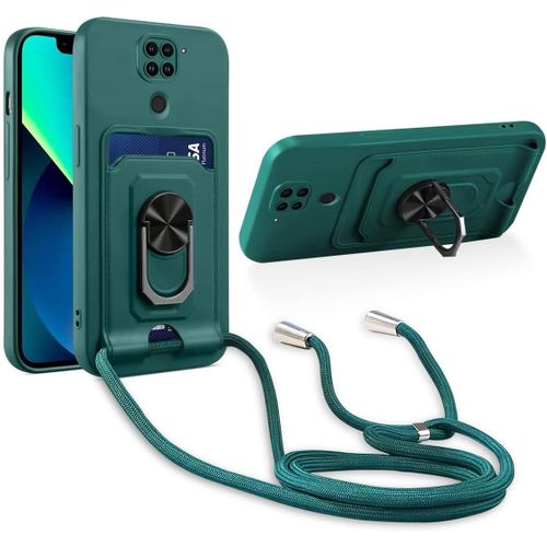 Cordon De Coque Compatible Avec Xiaomi Redmi Note 9,[Bequille 360'rotatif] [Fentes Pour Cartes] Antichoc Reglable Lanyard Silicone Case - Vert