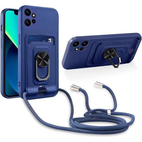 Cordon De Coque Compatible Avec Xiaomi Redmi Note 12 4g,[Bequille 360'rotatif] [Fentes Pour Cartes] Antichoc Reglable Lanyard Silicone Case - Bleu