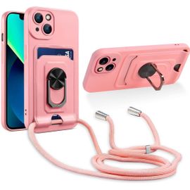 Cordon De Coque Compatible Avec Iphone 13 Mini,[Bequille 360'rotatif] [Fentes Pour Cartes] Antichoc Reglable Lanyard Silicone Case - Pink