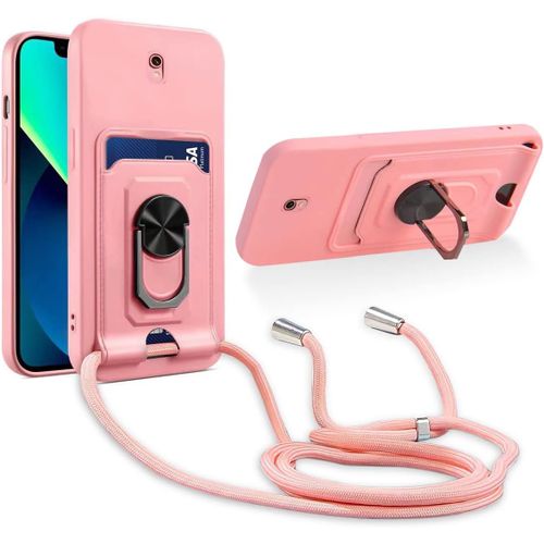 Cordon De Coque Compatible Avec Xiaomi Redmi 8a,[Bequille 360'rotatif] [Fentes Pour Cartes] Antichoc Reglable Lanyard Silicone Case - Pink