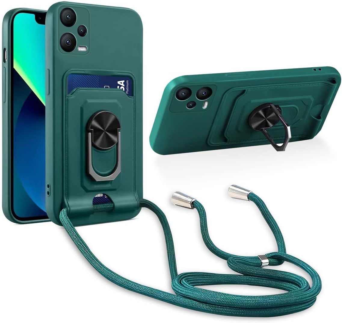 Cordon De Coque Compatible Avec Xiaomi Poco X5 5g/Redmi Note 12 5g,[Bequille 360'rotatif] [Fentes Pour Cartes] Antichoc Reglable Lanyard Silicone Case - Vert