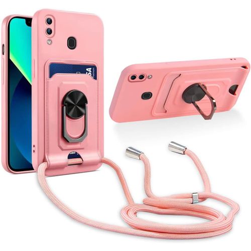 Cordon De Coque Compatible Avec Samsung Galaxy A20/A30,[Bequille 360'rotatif] [Fentes Pour Cartes] Antichoc Reglable Lanyard Silicone Case - Pink