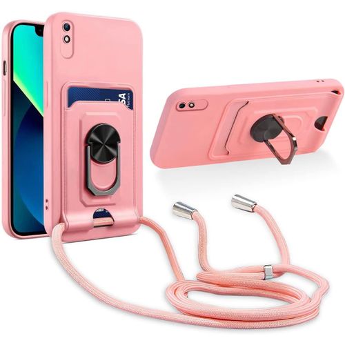 Cordon De Coque Compatible Avec Xiaomi Redmi 9a / 9at / 9i,[Bequille 360'rotatif] [Fentes Pour Cartes] Antichoc Reglable Lanyard Silicone Case - Pink