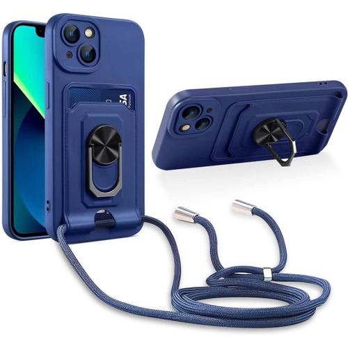 Cordon De Coque Compatible Avec Iphone 13 Mini,[Bequille 360'rotatif] [Fentes Pour Cartes] Antichoc Reglable Lanyard Silicone Case - Bleu