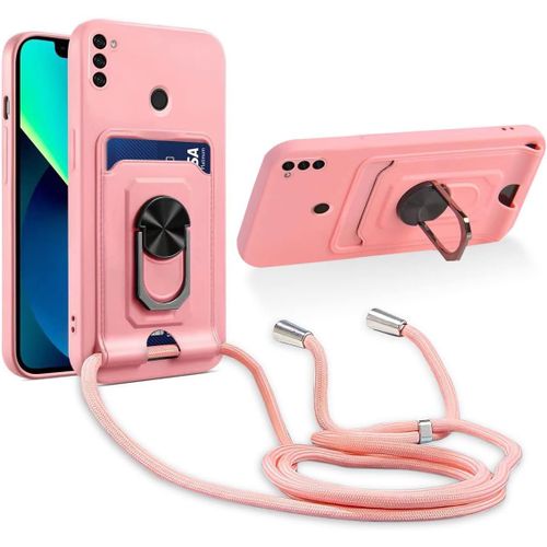 Cordon De Coque Compatible Avec Samsung Galaxy A12/M12,[Bequille 360'rotatif] [Fentes Pour Cartes] Antichoc Reglable Lanyard Silicone Case - Pink