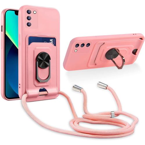 Cordon De Coque Compatible Avec Samsung Galaxy S23 Plus,[Bequille 360'rotatif] [Fentes Pour Cartes] Antichoc Reglable Lanyard Silicone Case - Pink