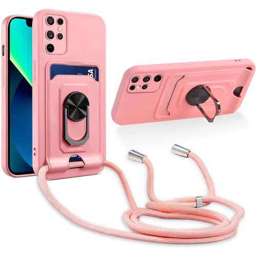 Cordon De Coque Compatible Avec Samsung Galaxy S23 Ultra,[Bequille 360'rotatif] [Fentes Pour Cartes] Antichoc Reglable Lanyard Silicone Case - Pink