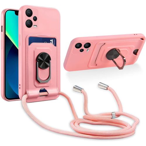 Cordon De Coque Compatible Avec Xiaomi Poco X5 5g/Redmi Note 12 5g,[Bequille 360'rotatif] [Fentes Pour Cartes] Antichoc Reglable Lanyard Silicone Case - Pink