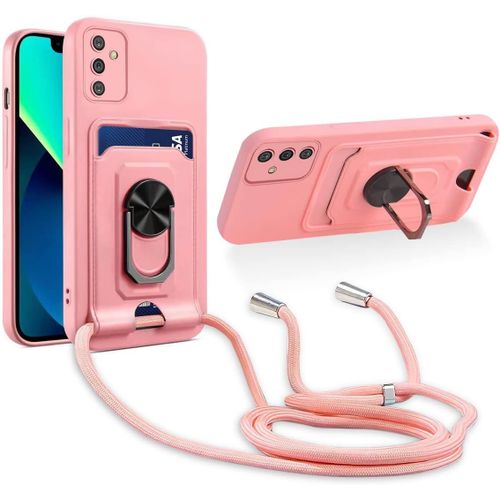 Cordon De Coque Compatible Avec Samsung Galaxy A14 5g,[Bequille 360'rotatif] [Fentes Pour Cartes] Antichoc Reglable Lanyard Silicone Case - Pink