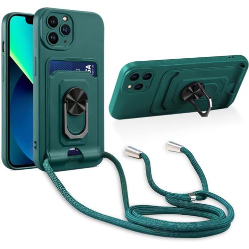 Cordon De Coque Compatible Avec Iphone 11 Pro Max,[Bequille 360'rotatif] [Fentes Pour Cartes] Antichoc Reglable Lanyard Silicone Case - Vert