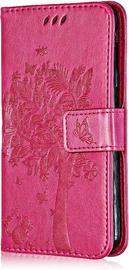 Coque Pour Huawei P9 Lite Mini, Etui En Cuir Pu Portefeuille, Flip Housse Retro Emboss Serie De Chat Et Darbre Pour Huawei P9 Lite Mini/Huawei Y6 Pro 2017 - Rose Vif