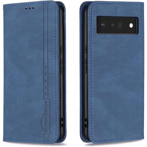 Coque Google Pixel 6 Cuir Pu Etui Housse Pour Google Pixel 6 Portefeuille Flip Coque [Card Slot] Livre Magnétique Stand Fonction Case Bleu