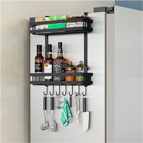 Etagère Réfrigérateur, Meuble Cuisine Rangement Frigo Etagere Epices, 2 Couches Étagère À Épices Avec 7 Crochets,Support De Rangement ?Pour Cuisine Sans Perçage, 48.5x40x9.2 Cm, Noire