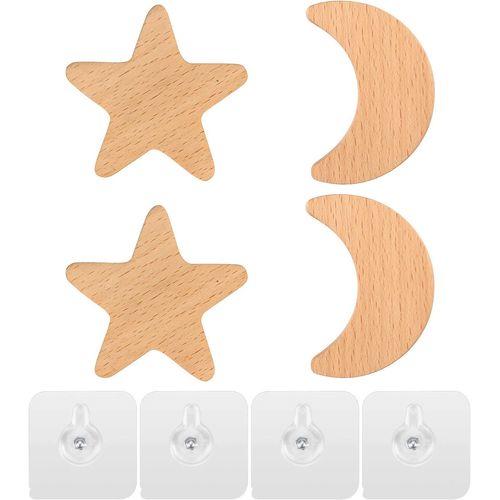 4 Pcs Patere Murale Bois, Crochets Muraux Enfant, Porte-Manteau Mural, Auto-adhésif Decoration Murale Crochets pour Armoire, Cuisine, Salle de bains, Chambre - Étoiles et en forme de lune/4 Pcs