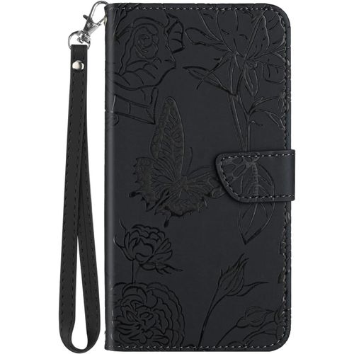 Coque Pour Samsung Galaxy A22 4g 6.4"", Housse En Cuir Pu Leather Etui Portefeuille A Rabat Clapet Avec Fleurs Papillon Motif Relief Protection Case Cover Pour Samsung Galaxy A22 4g Noir