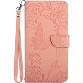 Coque Pour Samsung Galaxy A22 4g 6.4"", Housse En Cuir Pu Leather Etui Portefeuille A Rabat Clapet Avec Fleurs Papillon Motif Relief Protection Case Cover Pour Samsung Galaxy A22 4g Rose