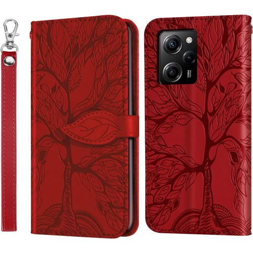 Coque Xiaomi Poco X5 Pro/Redmi Note 12 Pro,Etui Housse En Cuir Portefeuille De Protection Avec Emplacements Cartes,Fermoir Magnetique Xiaomi Poco X5 Pro/Redmi Note 12 Pro,Arbre De Vie Rouge