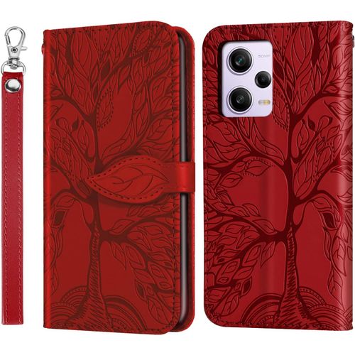 Coque Pour Xiaomi Poco X5 5g,Etui Housse En Cuir Pu Portefeuille De Protection Avec Emplacements Cartes,Fermoir Magnetique,Flip Portefeuille Cover Case Xiaomi Poco X5 5g,Arbre De Vie Rouge