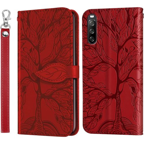 Coque Pour Sony Xperia 10 Iii, Folio Cuir Pu Magnetique Feuille Flip Case Portefeuille Telephone Etui Phone Cover Protection Housse Sony Xperia 10 Iii, Arbre De Vie Rouge