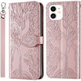 Coque Pour Iphone 13 Mini, Folio Cuir Pu Magnetique Feuille Flip Case Portefeuille Telephone Etui Phone Cover Protection Housse Iphone 13 Mini, Arbre De Vie Rose