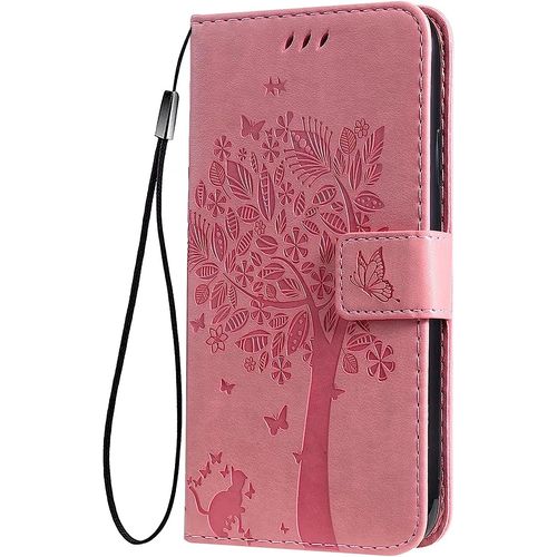 Coque Pour Samsung Galaxy A54 5g Etui Portefeuille, Joli Retro Feuilles Et Chat Embossee Premium Pu Cuir Housse Flip Cover, Etui Antichoc Case, Pink