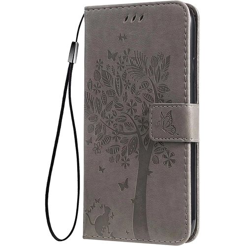 Coque Pour Samsung Galaxy A54 5g Etui Portefeuille, Joli Retro Feuilles Et Chat Embossee Premium Pu Cuir Housse Flip Cover, Etui Antichoc Case, Gris