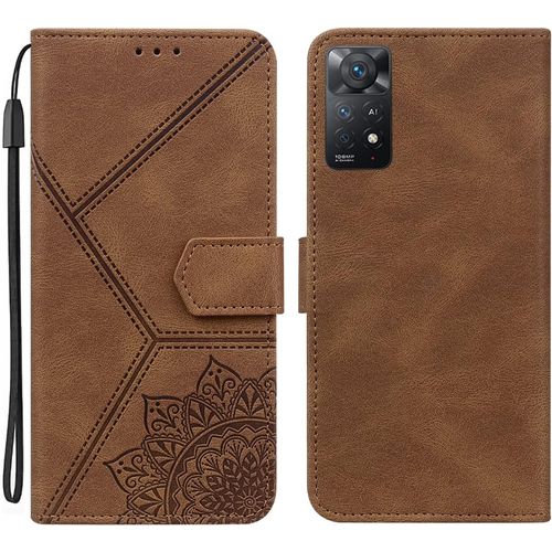 Coque Pour Xiaomi Redmi Note 11 Pro 4g 5g, Pu Cuir A Rabat Flip Housse Etui Pour Redmi Note 11 Pro 4g 5g Avec Motif Dessin Mandala Fleur, Etui Case Antichoc Cover Portefeuille, Brun