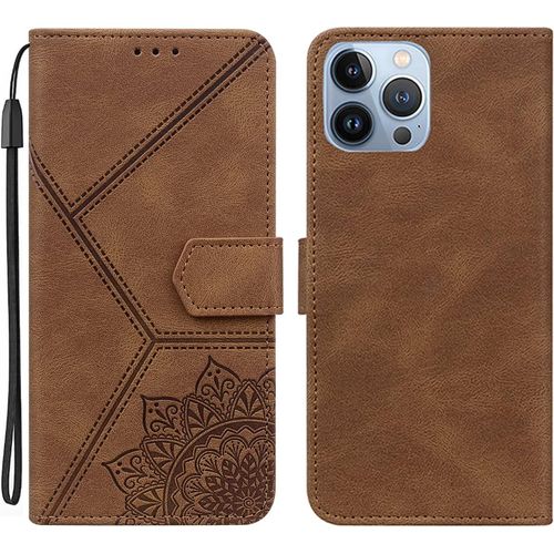 Coque Pour Iphone 13 Pro, Pu Cuir A Rabat Flip Housse Etui Pour Iphone 13 Pro 6.1"" Avec Motif Dessin Mandala Fleur, Etui Case Antichoc Cover Portefeuille, Brun