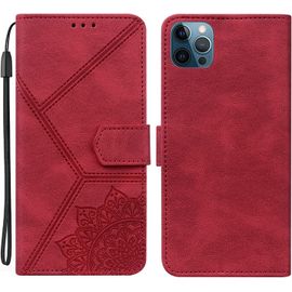 Coque Pour Iphone 12 Pro Max, Pu Cuir A Rabat Flip Housse Etui Pour Iphone 12 Pro Max 6.7"" Avec Motif Dessin Mandala Fleur, Etui Case Antichoc Cover Portefeuille, Rouge