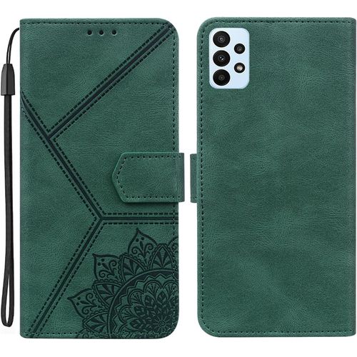 Coque Pour Samsung Galaxy A23 5g, Pu Cuir A Rabat Flip Housse Etui Pour Samsung A23 5g Avec Motif Dessin Mandala Fleur, Etui Case Antichoc Cover Portefeuille, Vert