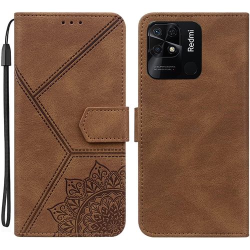 Coque Pour Xiaomi Redmi 10c, Pu Cuir A Rabat Flip Housse Etui Pour Redmi 10c Avec Motif Dessin Mandala Fleur, Etui Case Antichoc Cover Portefeuille, Brun