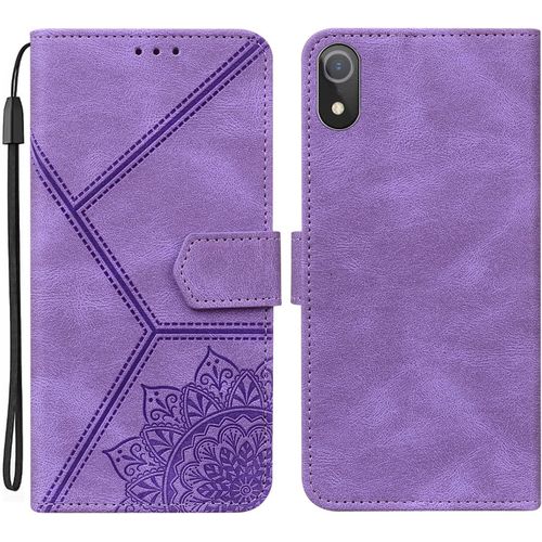 Coque Pour Iphone Xr, Pu Cuir A Rabat Flip Housse Etui Pour Iphone Xr 6.1"" Avec Motif Dessin Mandala Fleur, Etui Case Antichoc Cover Portefeuille, Violet