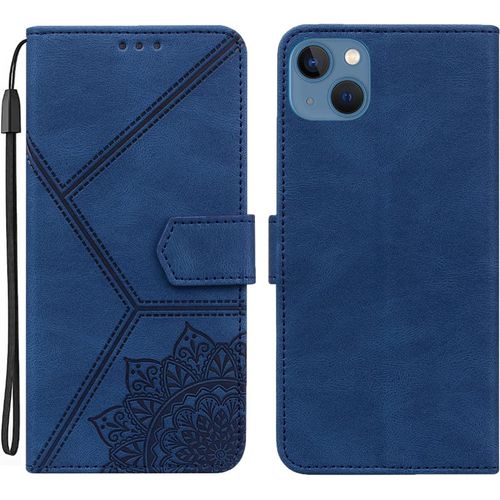 Coque Pour Iphone 13 Mini, Pu Cuir A Rabat Flip Housse Etui Pour Iphone 13 Mini 5.4"" Avec Motif Dessin Mandala Fleur, Etui Case Antichoc Cover Portefeuille, Bleu