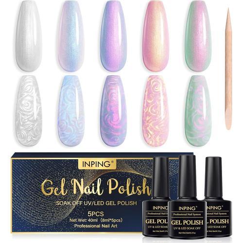 Vernis Semi Permanent Nacré,5 Couleurs Vernis À Ongles Rose Violet Cyan Perle Effet Semi Permanent Soak Off Uv/Led Gel,Pour Débutant Diy Nail Art,8 Ml 