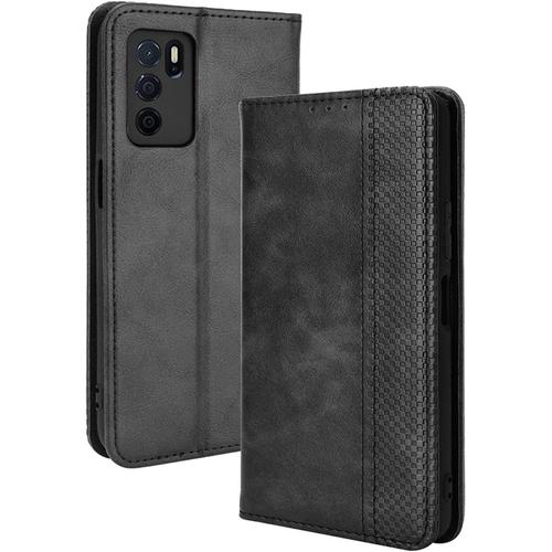 Coque Folio Cuir Étui Pour Oppo A16/Oppo A54s/Oppo A16s, Antichoc Portefeuille Housse Vec Fentes Pour Cartes, Pu/Tpu Bumper Protection Case Cover Fermeture Magnétique (Noir)