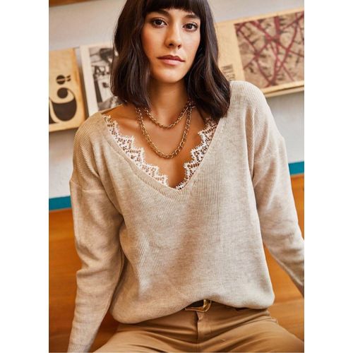 Pull Beige Chiné 38 Col Dentelle Neuf