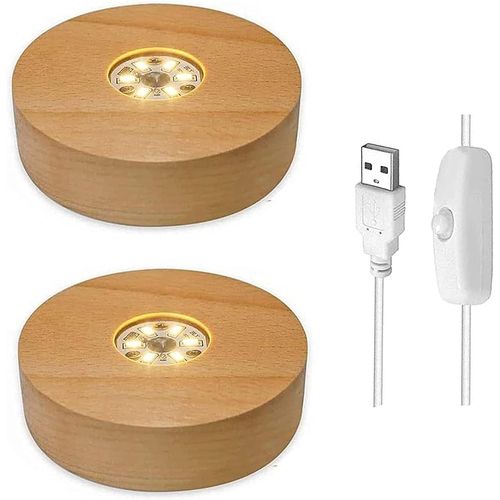 Base Lumineuse Led En Cristal, Lot De 2 Socles D'affichage En Bois Avec Interrupteur Usb Pour Affichage De Table Boule De Cristal, Verre, Résine