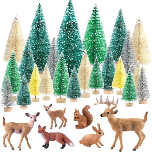 30pcs Mini Arbres Noël Ensemble Figurines Animaux Forêt, Arbres Brosse À Bouteille Arbres Neige En Sisal Arbres Diorama Et Figurines D'animaux Des Bois Gâteau Pour Les Décorations Village Noël