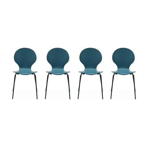 Lot De 4 Chaises Bleues. Rétro Empilables. Bois Dhevea Et Contreplaque. Pieds En Acier. Naomi. L 43 X P 48 X H 87cm