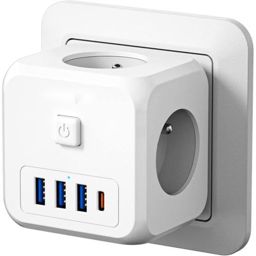 Prise USB Secteur Multiple Murale Cube 7 en 1 Chargeur USB avec 3 Sortie AC, 4000W et 1 Type C et 3 Ports USB Prise Murale Electrique Idéal pour Salon Bureau Chambre