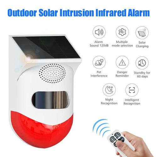 Alarme solaire infrarouge sans fil, détecteur de mouvement sirène pour maison jardin cour extérieur avec télécommande RF433
