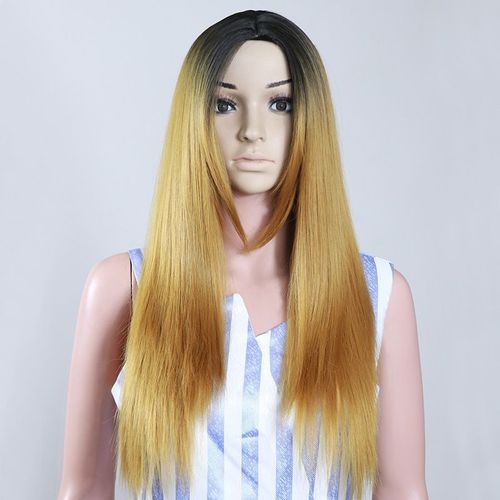 Perruque Femme Cheveux Longs Dégradé Couleur Cheveux Raides Naturel Haute Température Soie Faux Couvre-Chef Noir Dégradé Bleu Ciel
