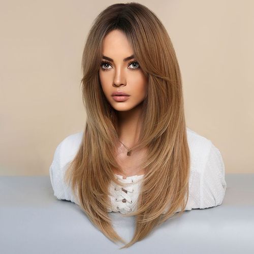 Nouvelle Perruque De Simulation Cheveux Longs Pour Femmes Au Milieu De Tout Le Couvre-Chef Cheveux Longs Dorés Perruque A Enfiler Pour Femmes Tete De Thé Au Miel Teint En Noir 64cm
