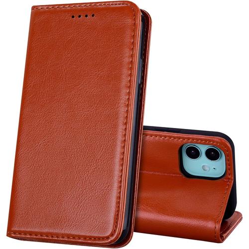 Coque Pour Iphone 12 Mini 5 4 Pouces Ultra Mince Premium Étui En Cuir Véritable Cuir Housse À Rabat Portefeuille Poids Plume Caché Fermoir Magnétique Marron