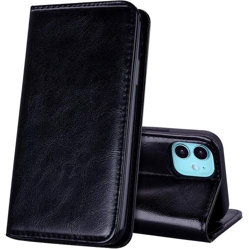 Coque Pour Iphone 12 Mini 5 4 Pouces Ultra Mince Premium Étui En Cuir Véritable Cuir Housse À Rabat Portefeuille Poids Plume Caché Fermoir Magnétique Noir