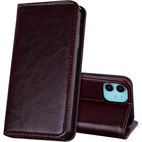 Coque Pour Iphone 12 Mini 5 4 Pouces Ultra Mince Premium Étui En Cuir Véritable Cuir Housse À Rabat Portefeuille Poids Plume Caché Fermoir Magnétique Marron Foncé