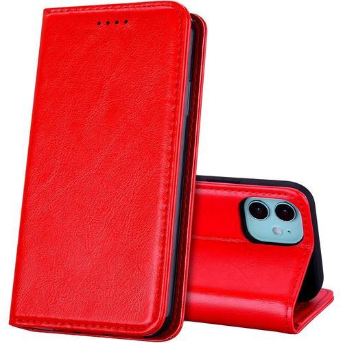 Coque Pour Iphone 12 Mini 5 4 Pouces Ultra Mince Premium Étui En Cuir Véritable Cuir Housse À Rabat Portefeuille Poids Plume Caché Fermoir Magnétique Rouge