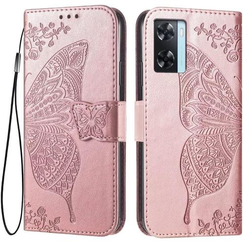 Coque Pour Oppo A57 4g /Oppo A57s/Oppo A77 4g , 6.56"" Etui Flip Magnétique Avec 3 Fentes Pour Cartes 1 Portefeuille, Housse Or Rose